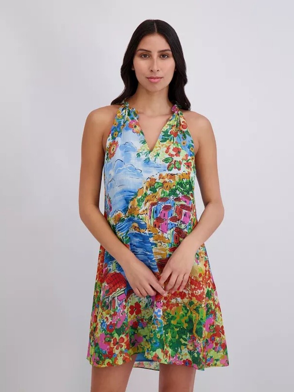 London Times Multicolor Floral & Seascape Halter Riviera Dress Medium